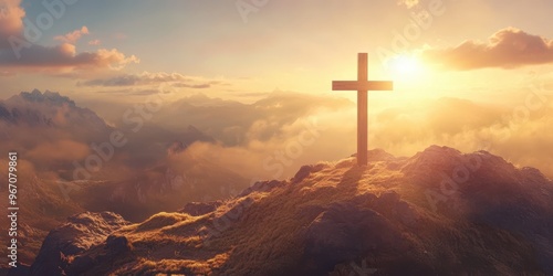 A large wooden cross standing on a mountain peak, bathed in golden sunlight 