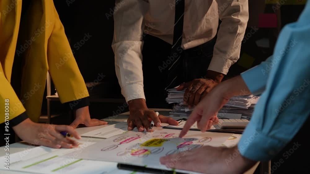 Group of Asian business men and women point to graphs and charts, management, personnel, employees to analyze market data, balance sheets, accounting, taxes to plan online sales strategies. Group of Asian business men and women point to graphs and charts, management, personnel, employees to analyze market data, balance sheets, accounting, taxes to plan online sales strategies.