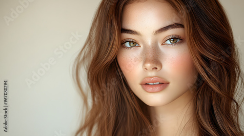 “Close-Up of a Beautiful Woman with Long Hair, Highlighting Her Elegant Features and Radiant Skin, Perfect for Portrait Photography, Beauty Shots, and Fashion Imagery” 