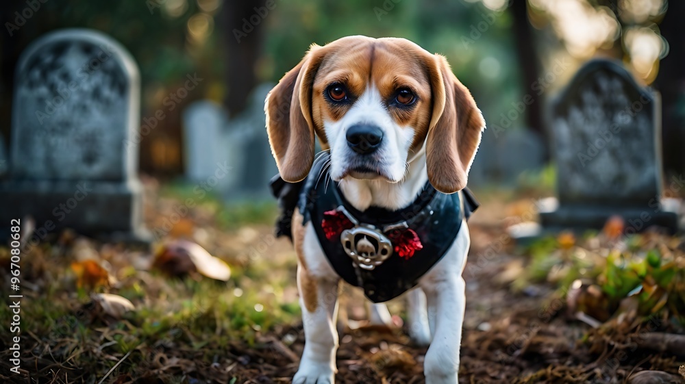 Dog Wearing a Costume in a Cemetery, Autumn Leaves and Gravestones in Background Dog Wearing a Costume in a Cemetery, Autumn Leaves and Gravestones in Background