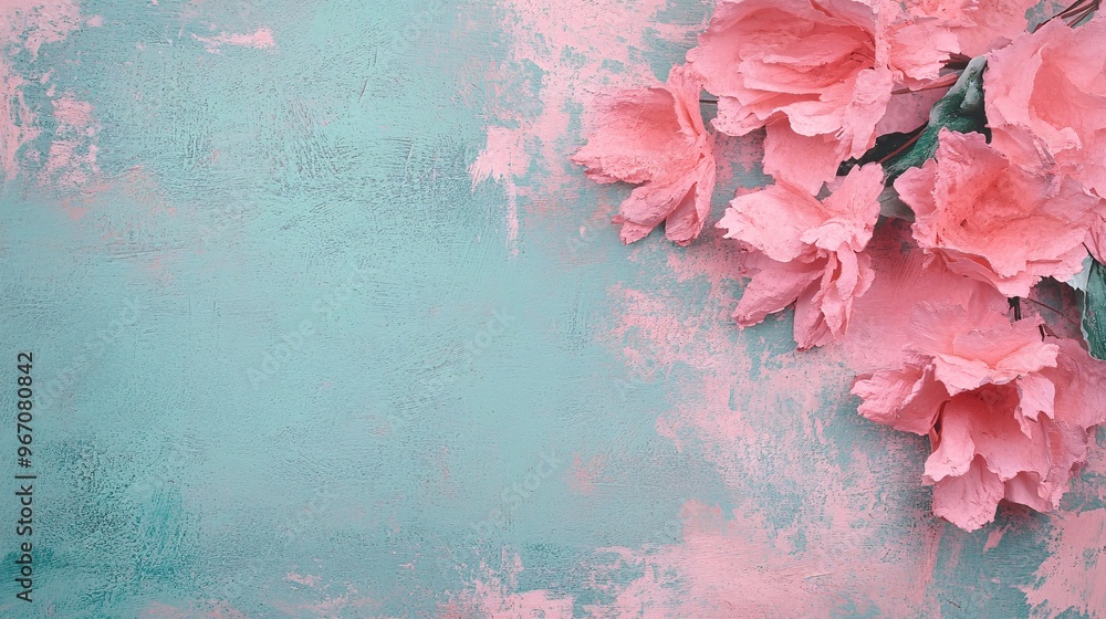 Delicate pink flowers on a textured teal background, creating a soft, romantic atmosphere. Delicate pink flowers on a textured teal background, creating a soft, romantic atmosphere.