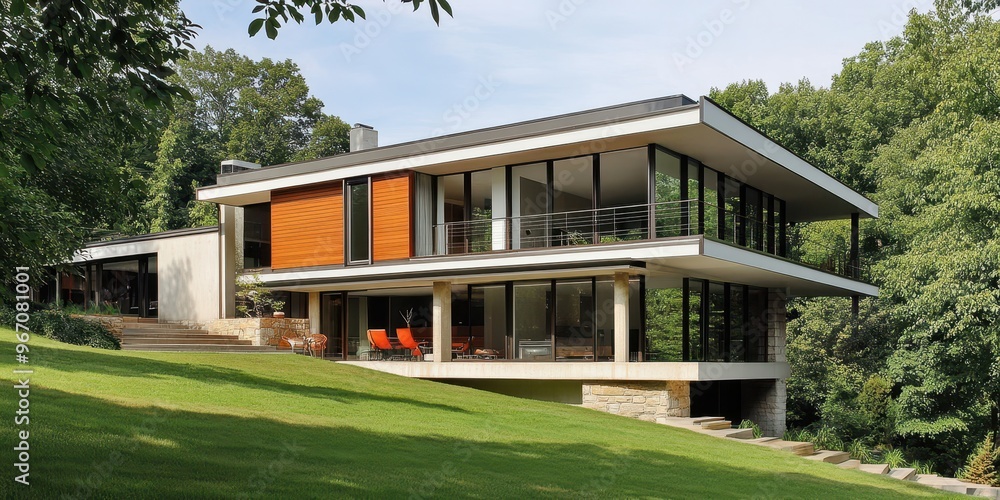 A modernist home with cantilevered sections and an asymmetric design A modernist home with cantilevered sections and an asymmetric design