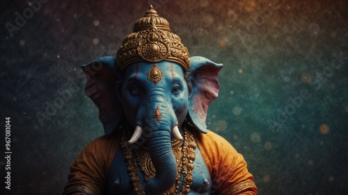 Majestic Lord Ganesha Portrait with a Vibrant Celestial Glow photo