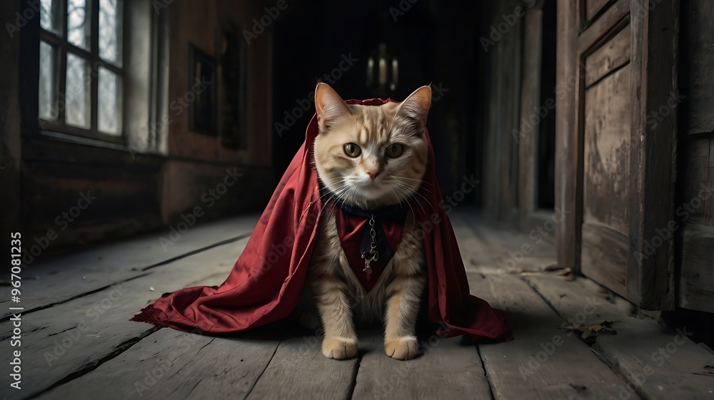 A Ginger Cat in a Red Cloak Stands in a Dark Hallway A Ginger Cat in a Red Cloak Stands in a Dark Hallway