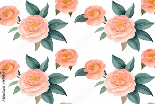 Watercolor Seamless Border of Pastel Peach Camellias and Fresh Green Leaves on Crisp White Background