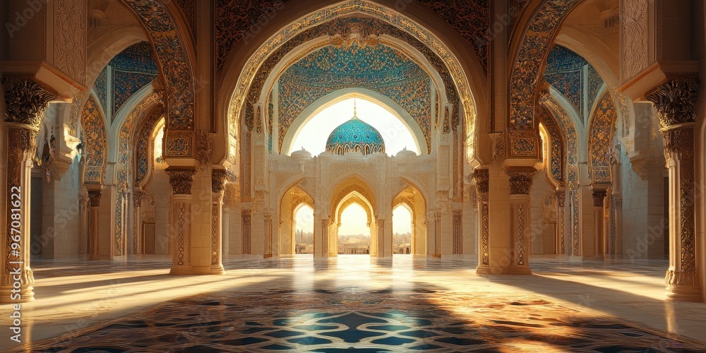 Obraz premium A mosque with a magnificent dome and an open courtyard filled with light 