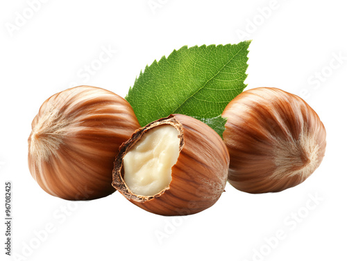 a group of hazelnuts with a leaf photo