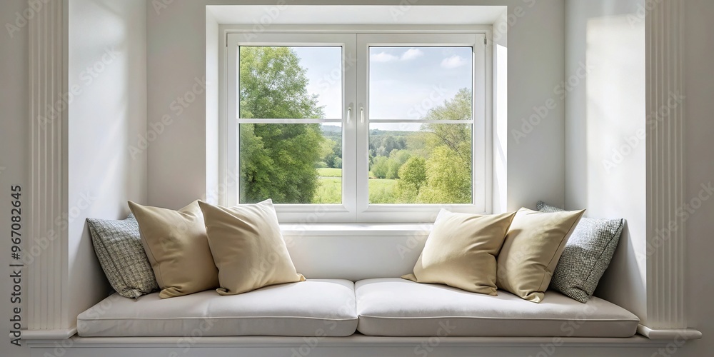 white window with cushions on windowsill in worm's eye view white window with cushions on windowsill in worm's eye view