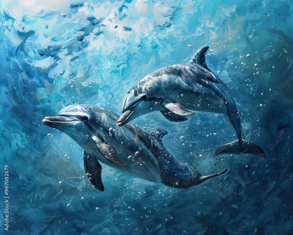 Fototapeta premium Two playful dolphins swim in a sparkling blue ocean. Bubbles and light filter through the water.