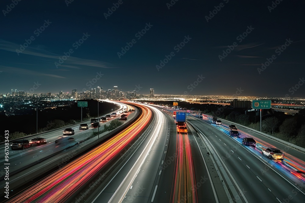 Skyline Perspective of Bumper-to-Bumper Traffic on a Busy Highway with Colorful Light Trails in an Urban Panorama at Night Skyline Perspective of Bumper-to-Bumper Traffic on a Busy Highway with Colorful Light Trails in an Urban Panorama at Night