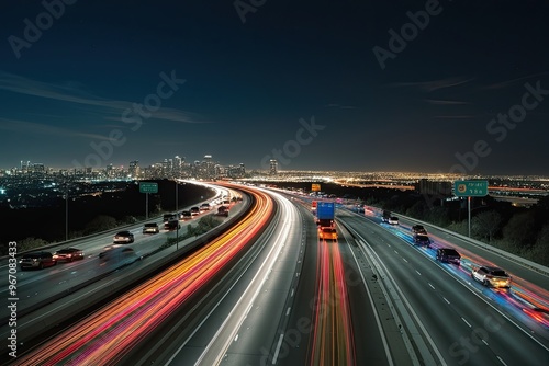 Skyline Perspective of Bumper-to-Bumper Traffic on a Busy Highway with Colorful Light Trails in an Urban Panorama at Night