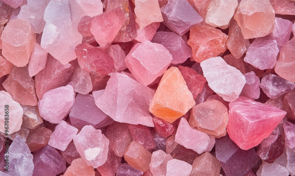 Fototapeta premium Colorful assortment of raw ruby gemstones gathered together in natural setting under bright lighting