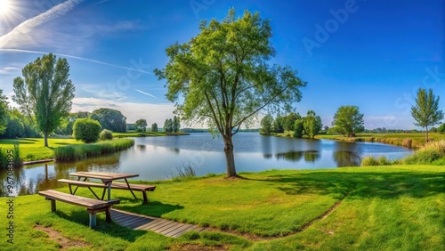 Wide angle panorama landscape of recreational pond Lageveld in Wierden with picnic field and leisure area Close-Up photo