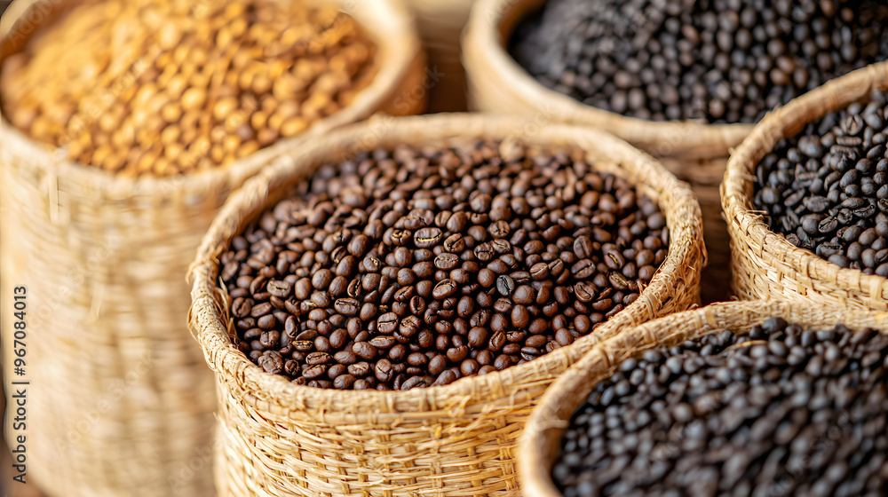 Close-up of woven baskets filled with roasted coffee beans at varying roast levels, from light to dark, highlighting the diversity and richness of coffee processing. Close-up of woven baskets filled with roasted coffee beans at varying roast levels, from light to dark, highlighting the diversity and richness of coffee processing.