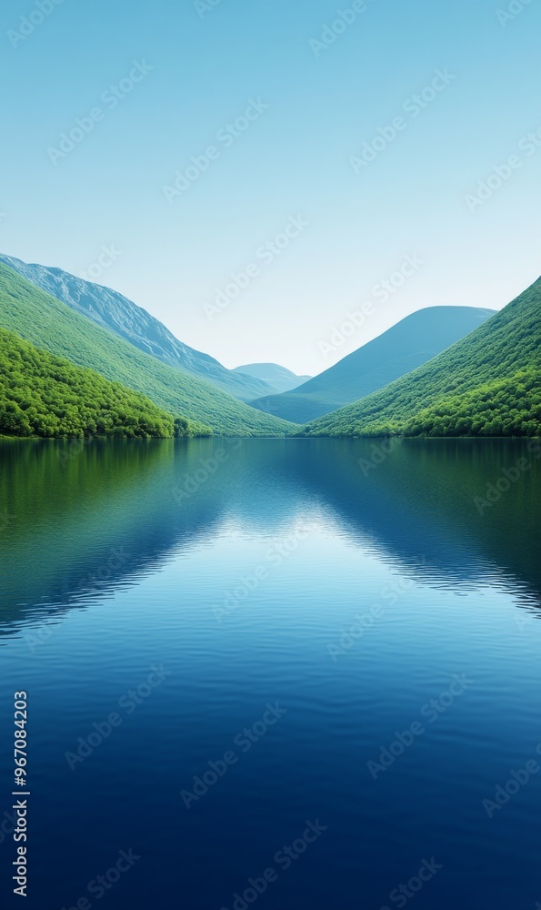A serene lake surrounded by lush green mountains under a clear blue sky during the early hours of the morning A serene lake surrounded by lush green mountains under a clear blue sky during the early hours of the morning