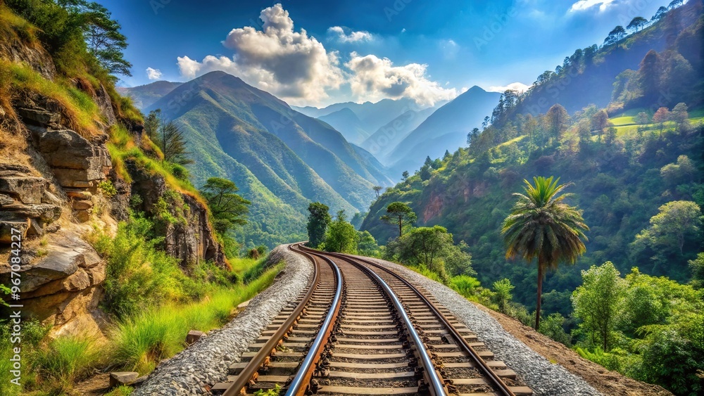 Fototapeta premium Wide angle shot of Indian railway trains winding through mountain landscape