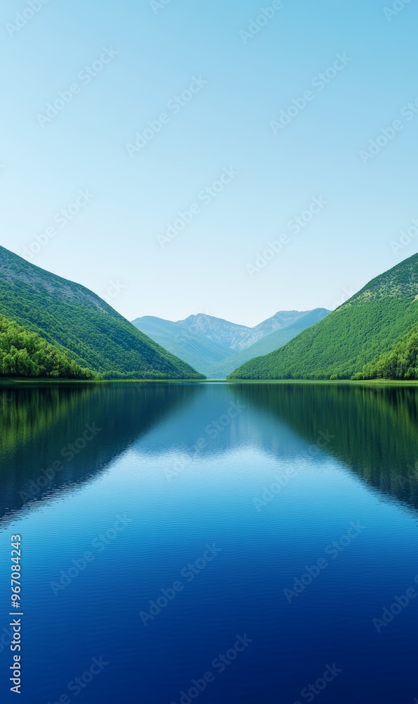 A serene lake surrounded by lush green mountains under a clear blue sky during the early hours of the morning A serene lake surrounded by lush green mountains under a clear blue sky during the early hours of the morning