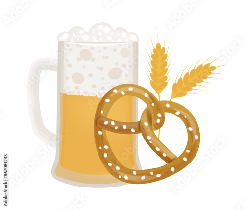 Mug of beer with foam and golden ears of barley and malt on transparent and white background. Traditional brown pretzel with salt isolated. Close-up element for Oktoberfest holiday design decoration.