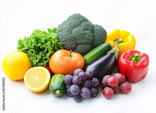 A pile of fresh fruits and vegetables on white background, with apple, orange, broccoli, eggplant, tomato, bell pepper, cucumber, grape, lemon