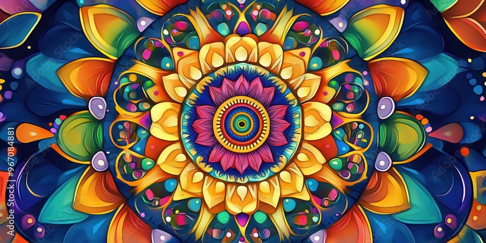 A vibrant mandala design symbolizing spiritual balance and harmony A vibrant mandala design symbolizing spiritual balance and harmony