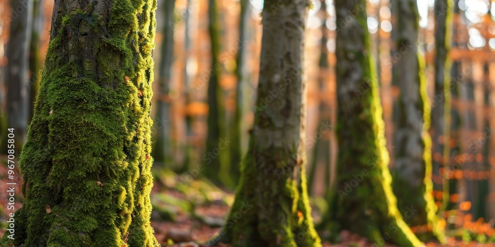 Green mossy tree trunks in autumn forest with shallow depth of field Green mossy tree trunks in autumn forest with shallow depth of field