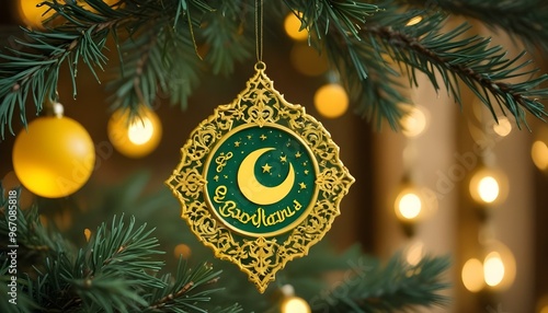 A Eid or Ramzan ornament with a blue moon and a yellow star on it