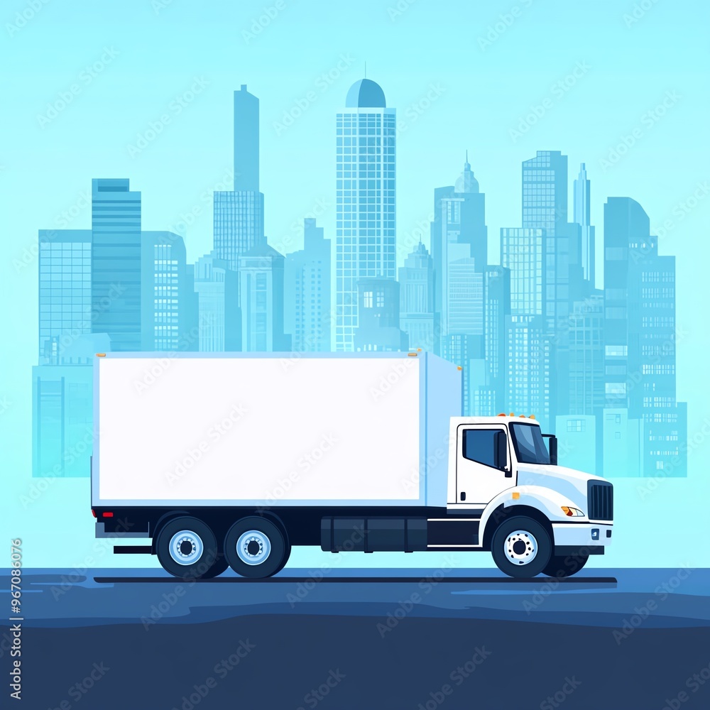 Modern delivery truck parked against a city skyline, showcasing urban logistics and transportation in a sleek design. Modern delivery truck parked against a city skyline, showcasing urban logistics and transportation in a sleek design.
