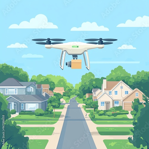 A modern drone delivering a package over a suburban neighborhood, showcasing technology and convenience in daily life.