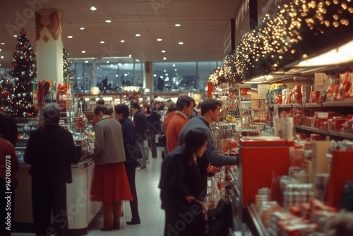 Shoppers browsing through a Christmas display in a department store