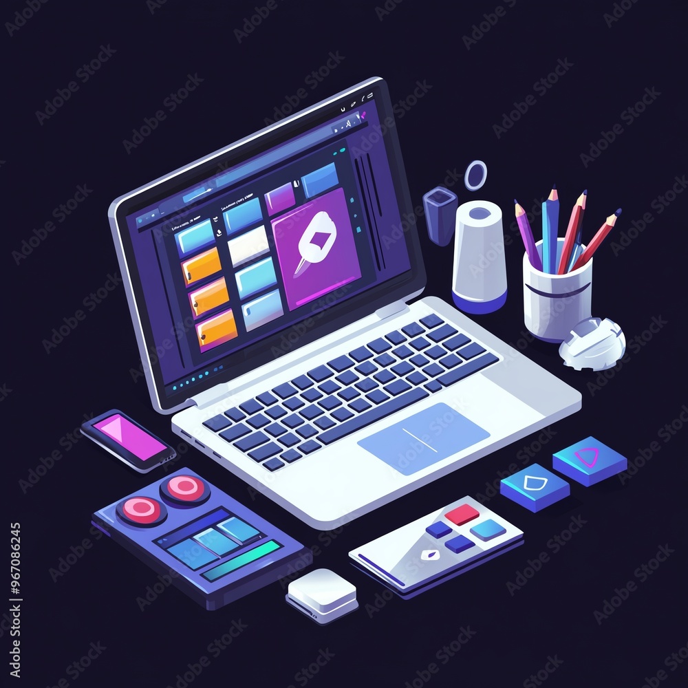 An artistic workspace featuring a laptop, mobile device, and creative tools showcasing a vibrant digital environment. An artistic workspace featuring a laptop, mobile device, and creative tools showcasing a vibrant digital environment.