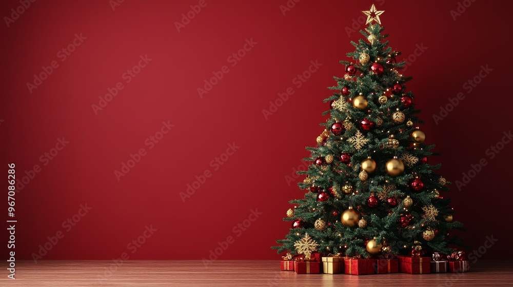 Festively decorated Christmas tree with golden stars and colorful ornaments against a red wall during holiday season celebration Festively decorated Christmas tree with golden stars and colorful ornaments against a red wall during holiday season celebration
