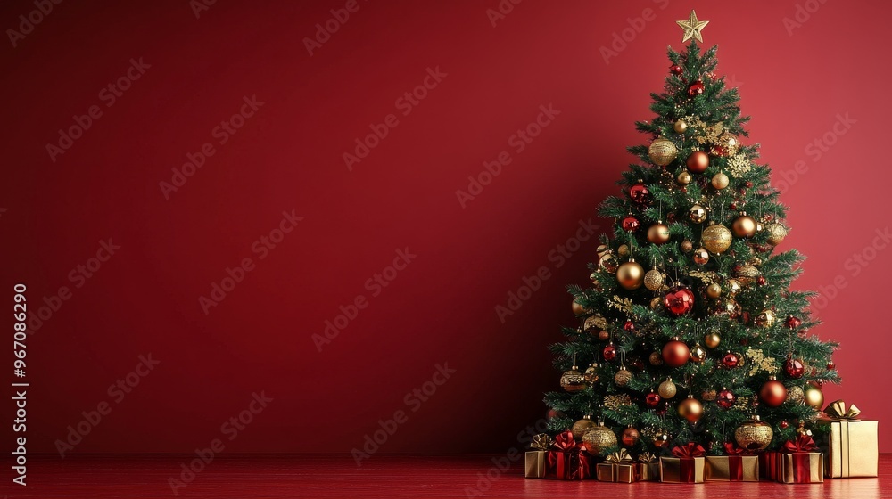 Festively decorated Christmas tree with golden stars and colorful ornaments against a red wall during holiday season celebration Festively decorated Christmas tree with golden stars and colorful ornaments against a red wall during holiday season celebration