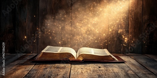 An open Bible on a wooden table, illuminated by a soft, divine glow  photo