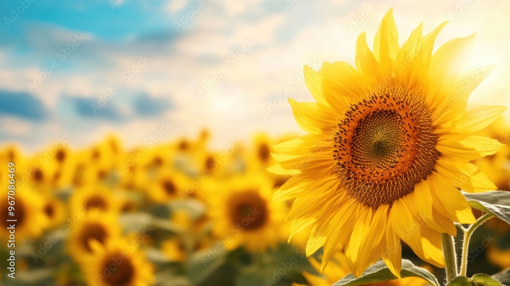 Fototapeta premium A large sunflower in a field with blue sky and clouds, AI