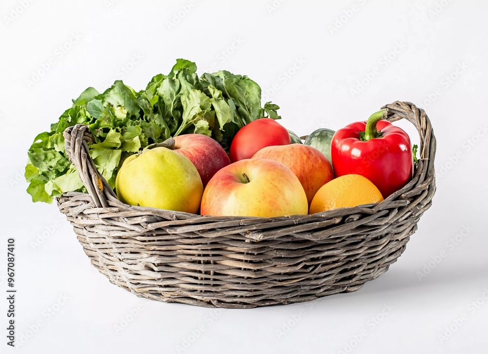 Fruit and vegetable basket with fresh organic produce, isolated on a white background Fruit and vegetable basket with fresh organic produce, isolated on a white background