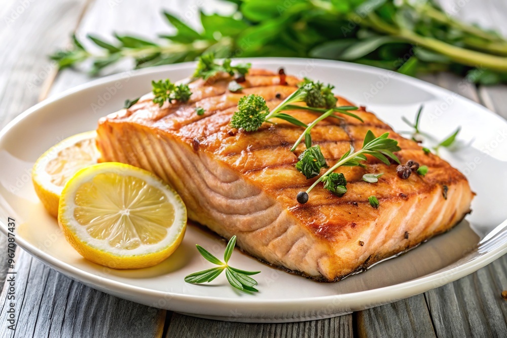 Wide-angle isolated grilled salmon with lemon and herbs