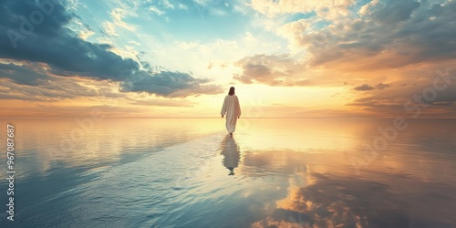 Jesus walking on the calm ocean waters under a serene sky, clouds parting above him