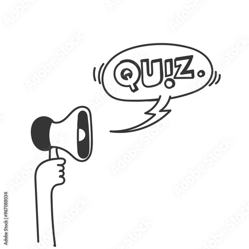 hand holding megaphone shouting quiz in bubble speech illustration in cartoon doodle