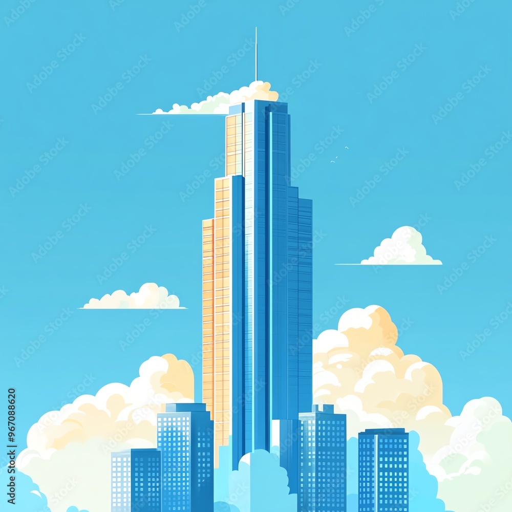 A vibrant skyline featuring a tall modern skyscraper against a blue sky with fluffy clouds, ideal for urban and architectural themes. A vibrant skyline featuring a tall modern skyscraper against a blue sky with fluffy clouds, ideal for urban and architectural themes.