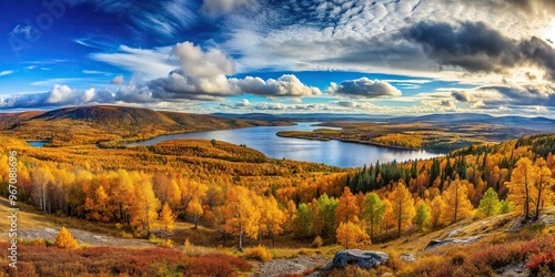 Wide-angle panorama of northern autumn nature in Murmansk region Apatity