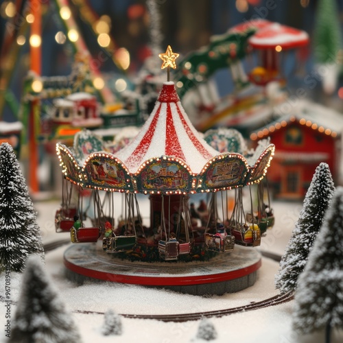 A miniature Christmas carousel with a star on top, surrounded by miniature trees and snow.