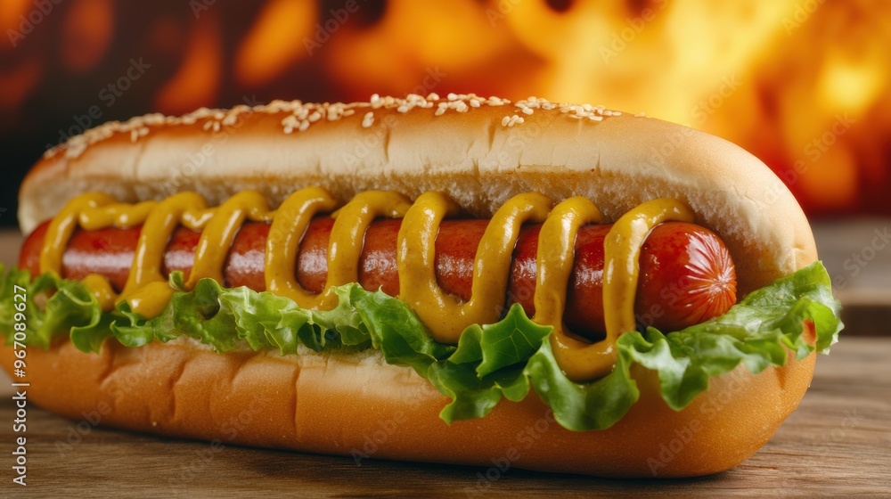 A hot dog with mustard, ketchup and lettuce on a bun, AI A hot dog with mustard, ketchup and lettuce on a bun, AI