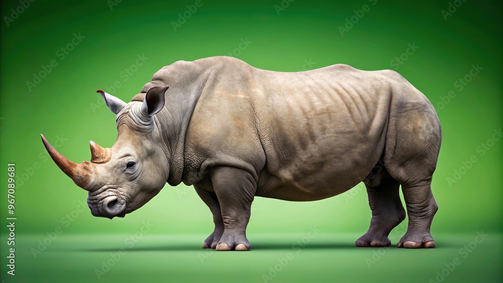 Fototapeta premium Wide-angle shot of a big rhino isolated on a green background with copy space