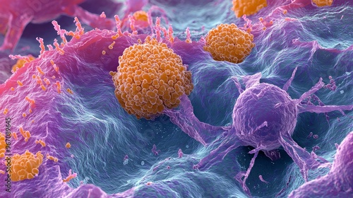 Microscopic View of Cancer Cell and Immune Cells SEM