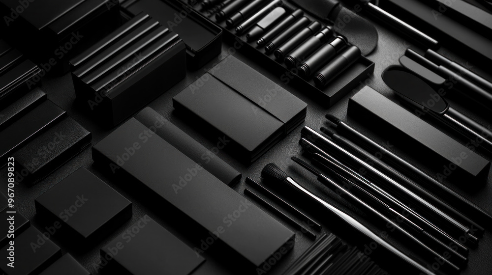 A black and white photo of various makeup items, including a box of eyeliner, a tube of mascara, and a brush. Concept of creativity and artistry A black and white photo of various makeup items, including a box of eyeliner, a tube of mascara, and a brush. Concept of creativity and artistry