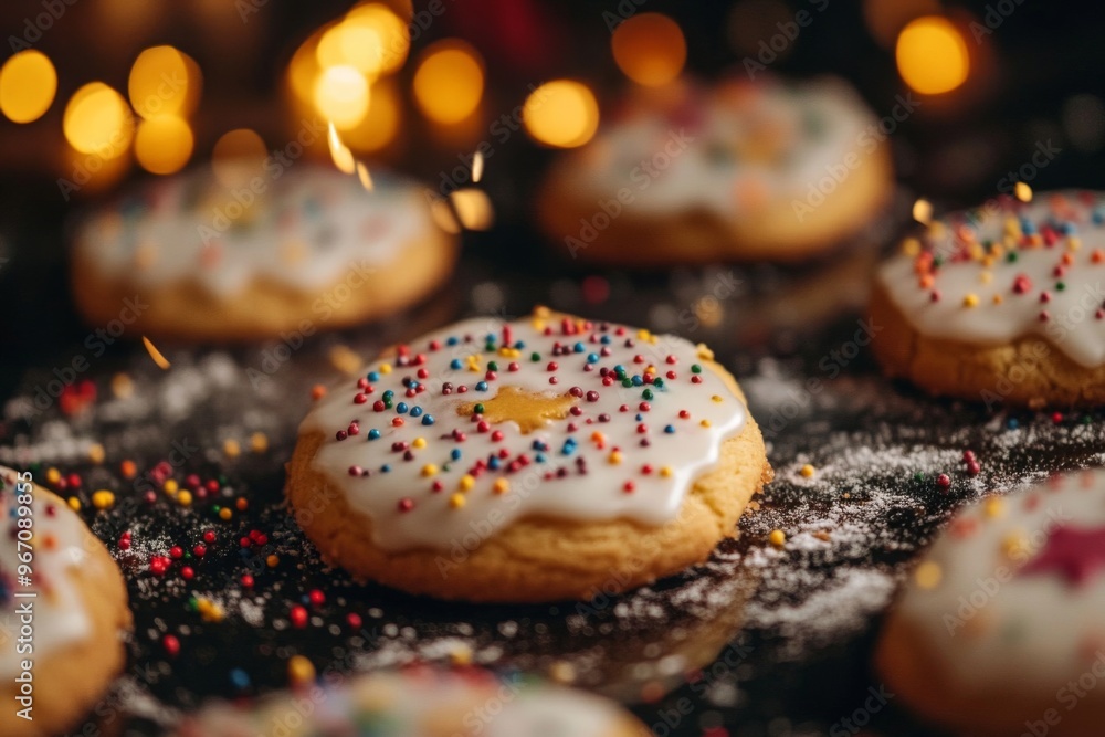 Close-up of Sprinkled Cookies with Bokeh Lights in Background Close-up of Sprinkled Cookies with Bokeh Lights in Background
