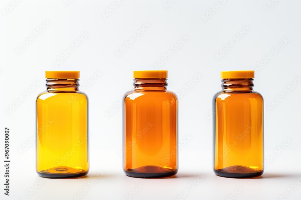 Three amber glass bottles with yellow caps on white background. Medicine, pharmacy, and healthcare concept. Three amber glass bottles with yellow caps on white background. Medicine, pharmacy, and healthcare concept.