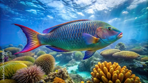 Wide-angle shot of colorful parrotfish swimming in the Caribbean Sea in Guadeloupe