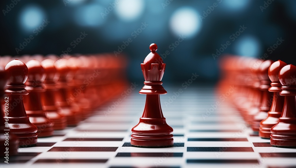 Red queen chess piece leading pawns on a chessboard. Leadership, strategy, and success concept. Red queen chess piece leading pawns on a chessboard. Leadership, strategy, and success concept.