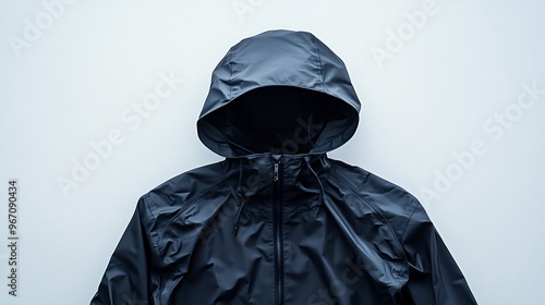 A black hooded jacket with a zipper and a drawstring is laid flat on a white background. photo